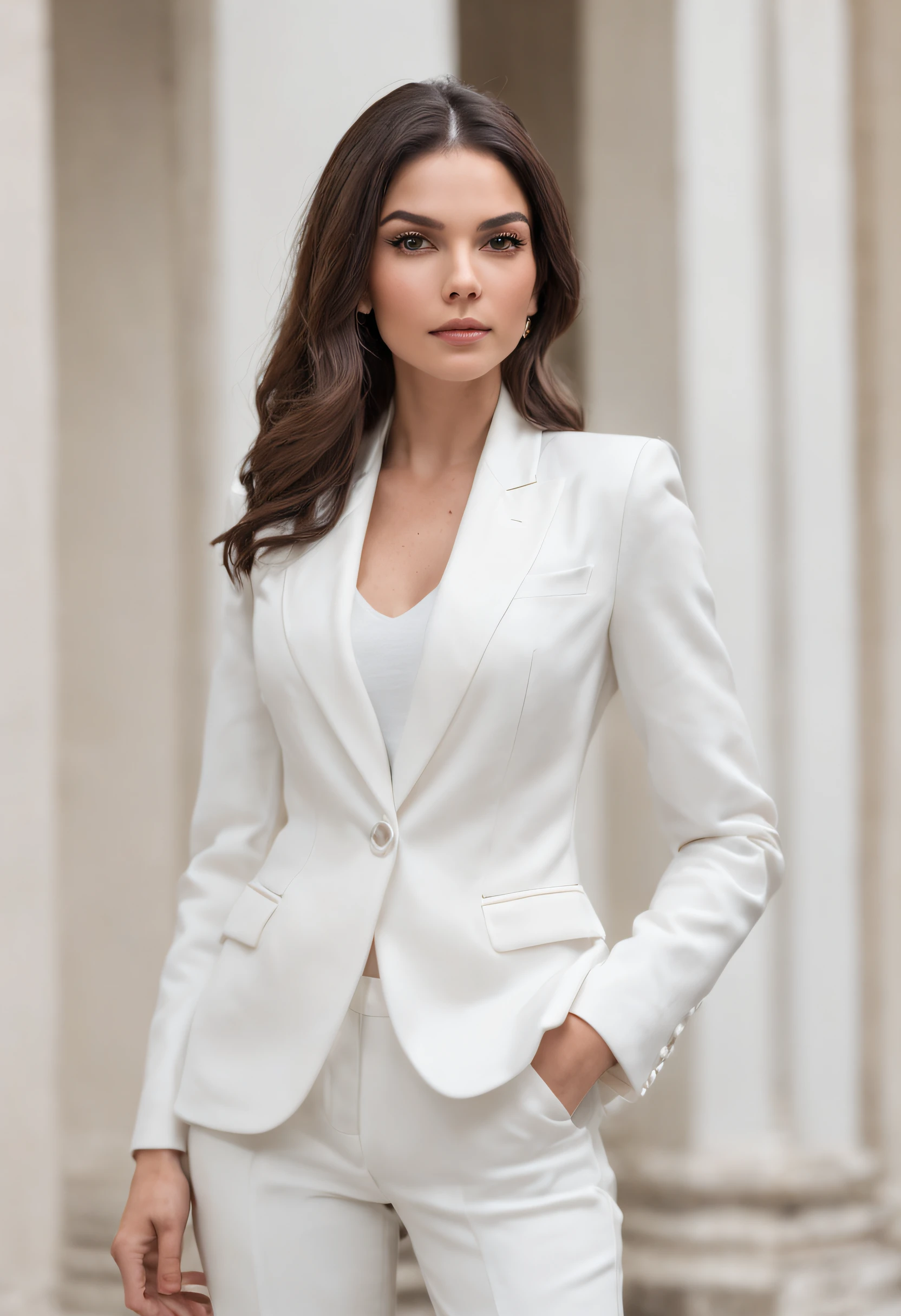 Mulher morena , com cabelo long bob PRETO, olhos PUXADOS, dressed in white suit and pants of DISCREET tailoring and rich pose WITH ARMS CROSSED