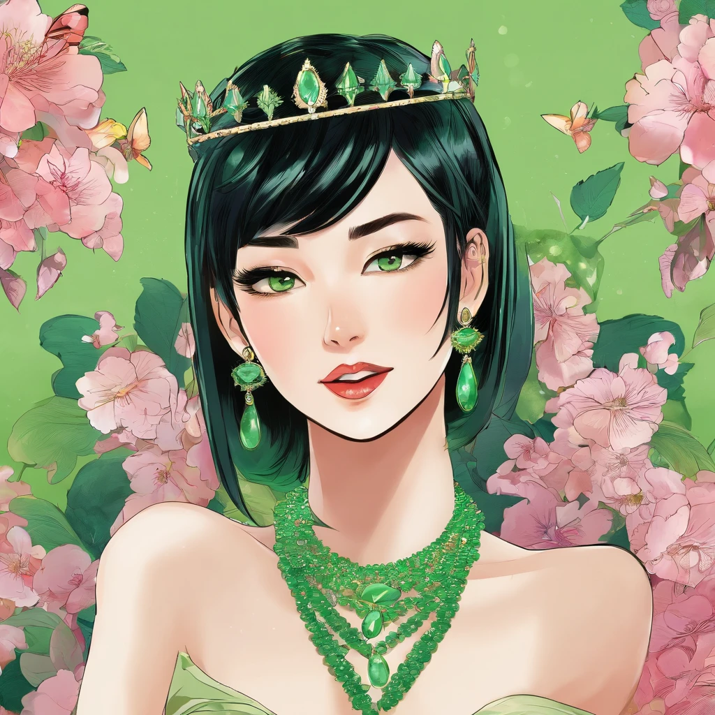 Green Long Grove, Long green gloves made of satin material, lipsticks, Japan woman smiling, Satin green long gloves, emerald tiara, Green Pearl Necklace, verd s eyes, Green eyes, Long green gloves made of satin material, big breasts beautiful, Green Bridal Veil, Emerald Earrings, Green dress, Green eyes, Guts Pose, emerald tiara, Green Pearl Necklace, Boyish very short black hair, lipsticks, Japan woman smiling