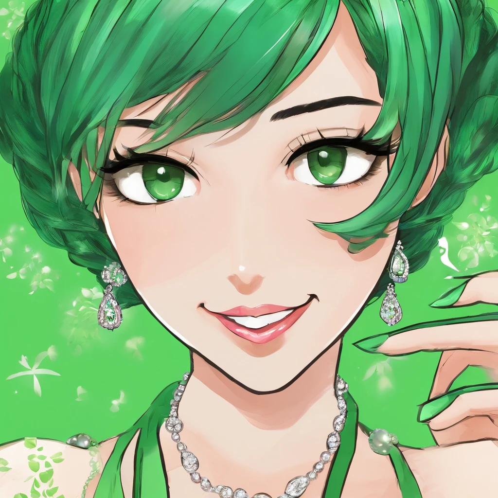 Green Long Grove, Long green gloves made of satin material, lipsticks, Japan woman smiling, Satin green long gloves,　emerald tiara, Green Pearl Necklace, verd s eyes, Green eyes, Long green gloves made of satin material, big breasts beautiful, Green Bridal Veil, Emerald Earrings, Green dress, Green eyes, Guts Pose, emerald tiara, Green Pearl Necklace, Boyish very short black hair, lipsticks, Japan woman smiling