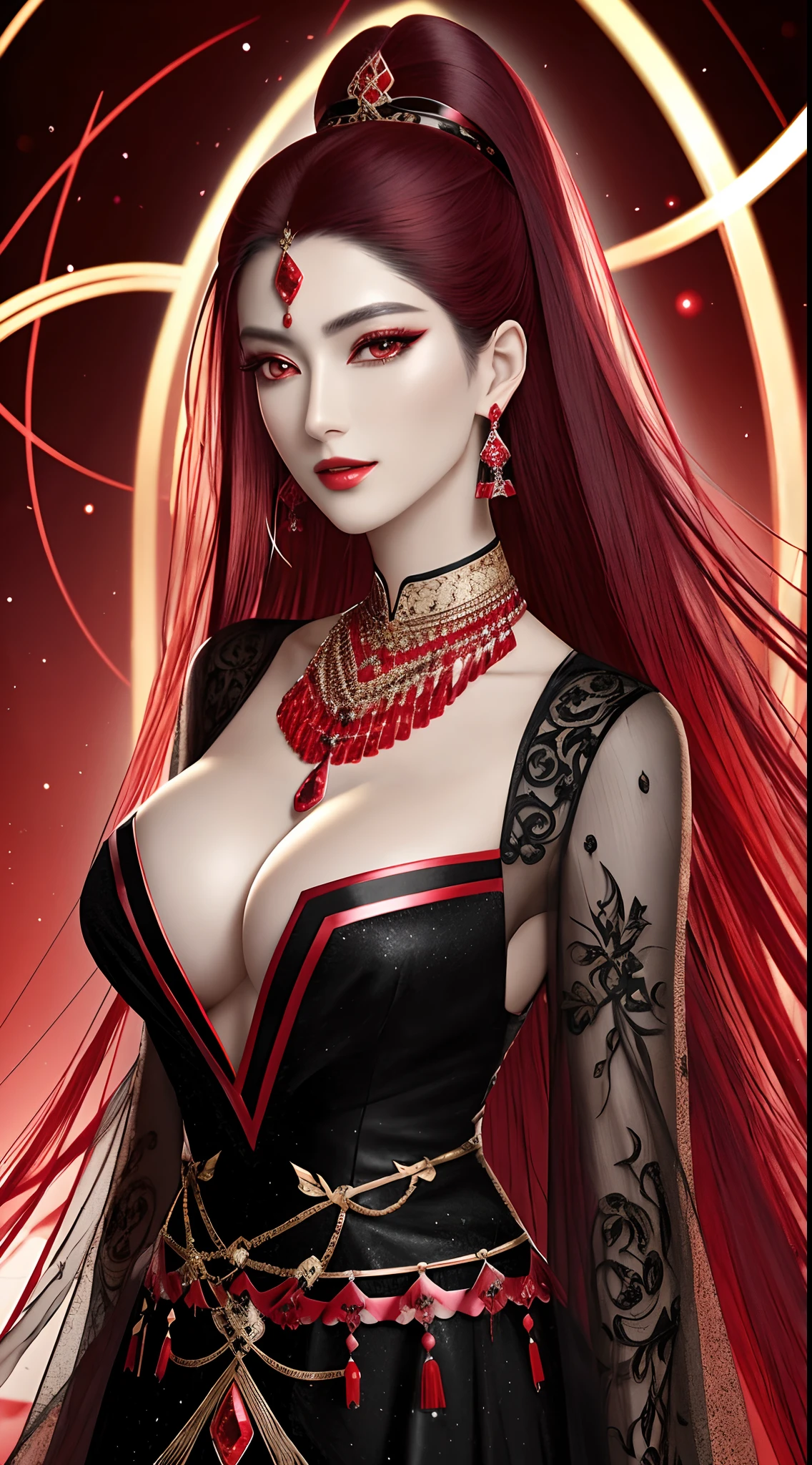 Xianxia, Ultra detailed beautiful woman, voluminous breasts, of a 25-year-old woman, Stunningly beautiful, black-red hair, (black-red hair), straight hair, black eyes, Her entire head is visible with hair, red necklace made of precious stones, earings, Dark red eyeshadow and eyeliner, very long eyelashes, black-red long dress, Stunningly beautiful face, Focus on the face, holographic, light particles, ultra detailed illustration, hit definition, Very bold and bright colors, 32K resolution, Best Quality, voluminous lighting, "beste-Qualit", "tmasterpiece",, ultra realistis, High-quality detailing