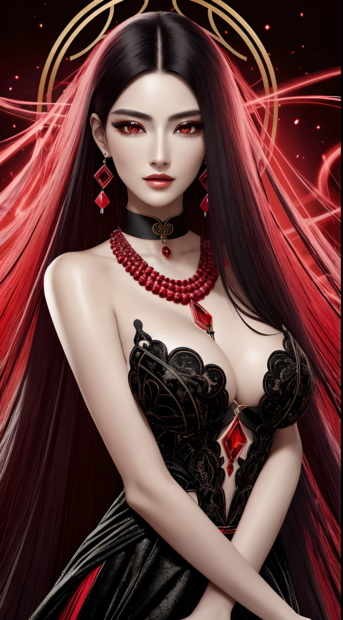 Xianxia, Ultra detailed beautiful woman, voluminous breasts, of a 25-year-old woman, Stunningly beautiful, black-red hair, (black-red hair), straight hair, black eyes, Her entire head is visible with hair, red necklace made of precious stones, earings, Dark red eyeshadow and eyeliner, very long eyelashes, black-red long dress, Stunningly beautiful face, Focus on the face, holographic, light particles, ultra detailed illustration, hit definition, Very bold and bright colors, 32K resolution, Best Quality, voluminous lighting, "beste-Qualit", "tmasterpiece",, ultra realistis, High-quality detailing