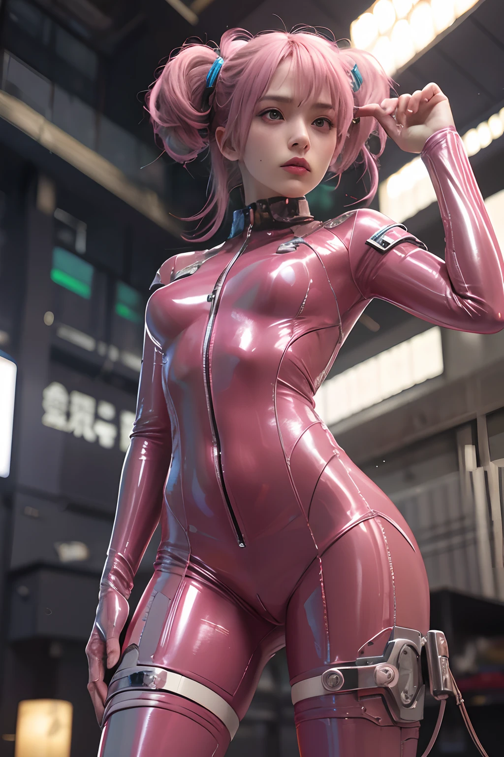 Top quality, Masterpiece, 超高分辨率, (Photorealistic: 1.4), RAW photo, 1 Cyberpunk Girl, Glossy glossy skin, 1 mechanical girl, (hyper realistic detailed)), (((Full body shot))), Global illumination, Contrast, Shadows, Octane rendering, 8K, ultrasharp, raw skin, metal, Intricate Ornament Details, Japan Details, very complex details, Realistic light, CGSoation trend, Facing the camera, neon light detail, Mechanical limbs, Blood vessels connected to the tube, Mechanical vertebrae attached to the back, mechanical cervical attachment to the neck, wires and cables connecting to head, gundam, Small LED lamps.(RAW photo:1.2)，Pink latex jumpsuit，Hollow-out on，Holt collar, latex shiny,tight-fitting，sweat leggs，White liquid， Pink body, wearing atsuko kudo latex outfit, wearing tight suit, Smooth pink skin, catsuits, Wearing latex, shiny plastic, shiny metallic glossy skin, The color of pink glow, latex outfit, chrome bodysuit, cyberpunk glossy latex suit, Shiny, futuristic glossy latex suit　spread their legs　M-shaped legs　angry look　sullenness　Irritated，white liquid all over body，