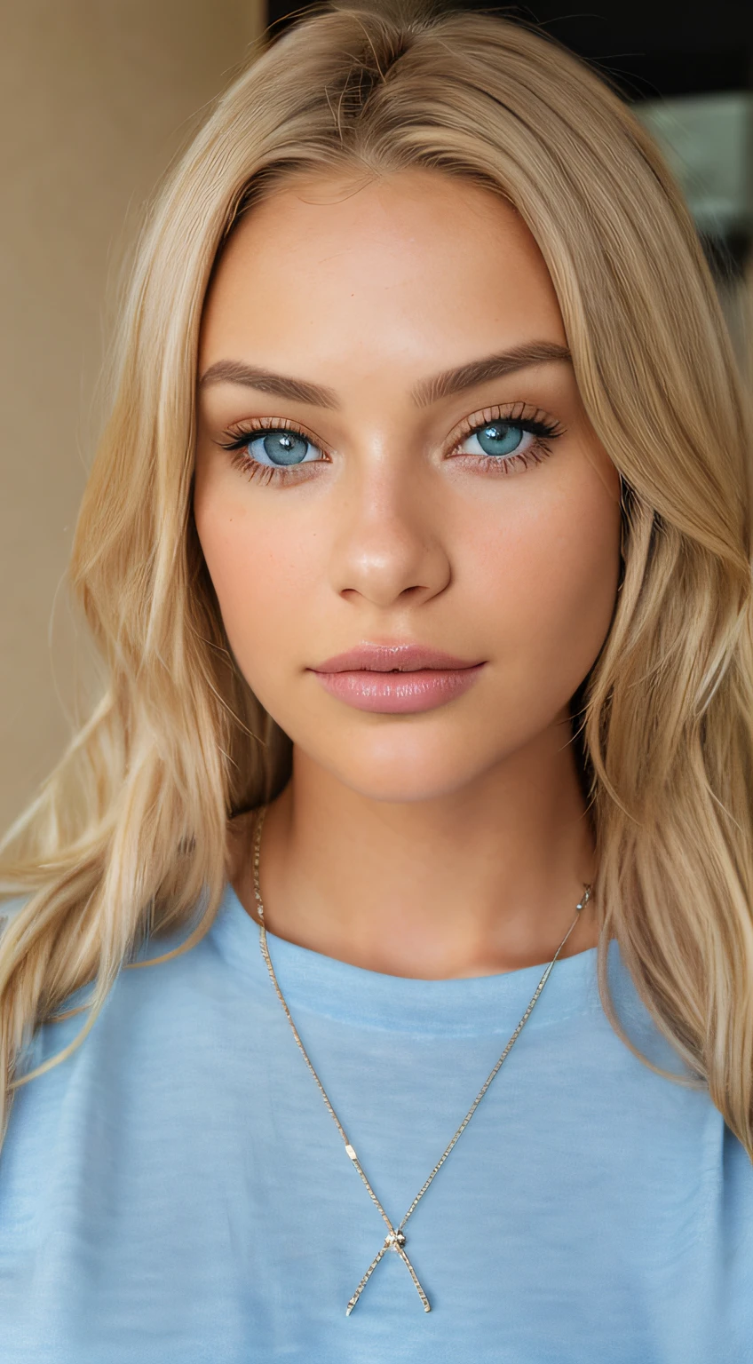 (selfie, top view: 1.4), a bit of distance away from camera, (straight half of the body: 1.4), RAW UHD portrait photo of a 23-year-old blonde (blue-eyed woman) walking with blonde hair at home during the day time, (casual pants), (neckline), details (textures! , hair! , glitter, color!! , disadvantages: 1.1), glossy eyes with high detail (looking at the camera), SLR lighting, SLR camera, ultra-quality, sharpness, depth of field, film grain (center), Fujifilm XT3, crystal clear, frame center, beautiful face, sharp focus, detailed skin pores, oily skin, sunburn, complex eye details, full body, fuller lips