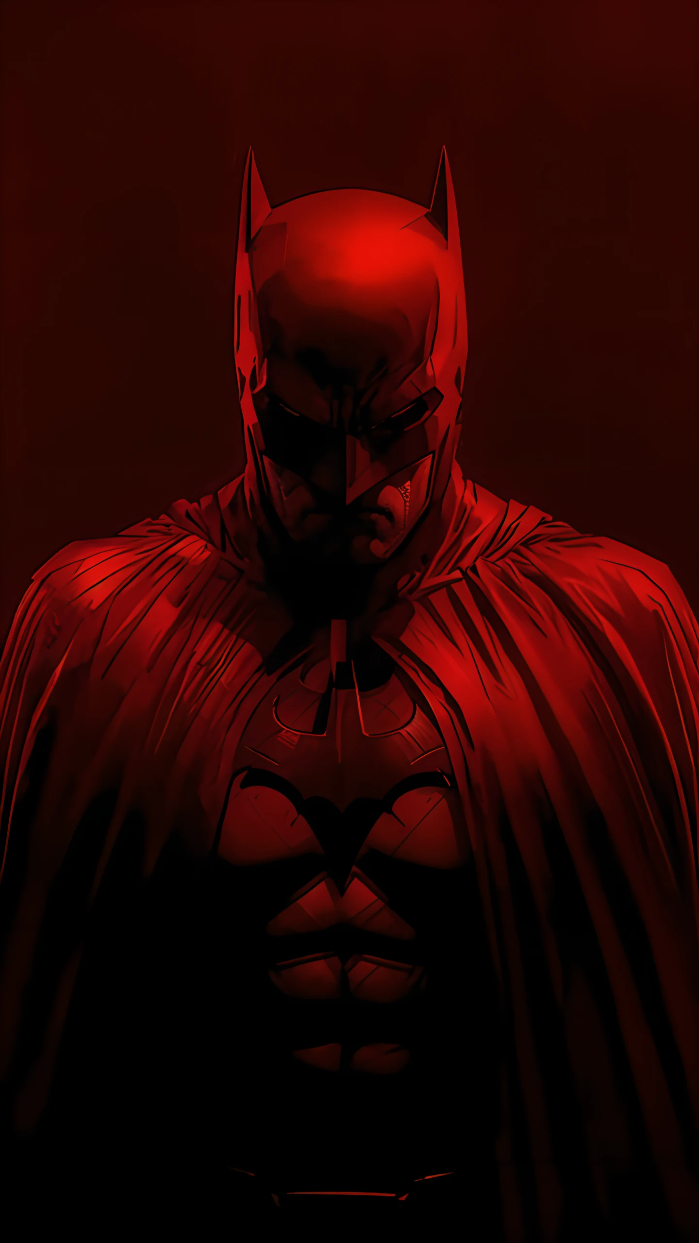 (high quality,4k,best resolution,ultra-detailed:1.2),batman looking down,gazing at the city,red light,intense shadows,brooding atmosphere,dark and mysterious,gloomy,superhero,vigilante,cape flowing in the wind,sharp facial features,serious expression,powerful physique,detailed suit and armor,glimmering eyes,shining bat symbol on the chest,cityscape backdrop,skyscrapers,urban landscape,streets illuminated by the red glow,nighttime setting,moody ambiance,cinematic composition,artistic interpretation,dynamic perspective,comic book style,pop art influences,vibrant colors,painted textures,oil painting aesthetic,cracked textures,blurred edges,contrast and depth,emphasize realism and grit,complex lighting,hard shadows,dramatic contrast,hint of danger,masterpiece quality.