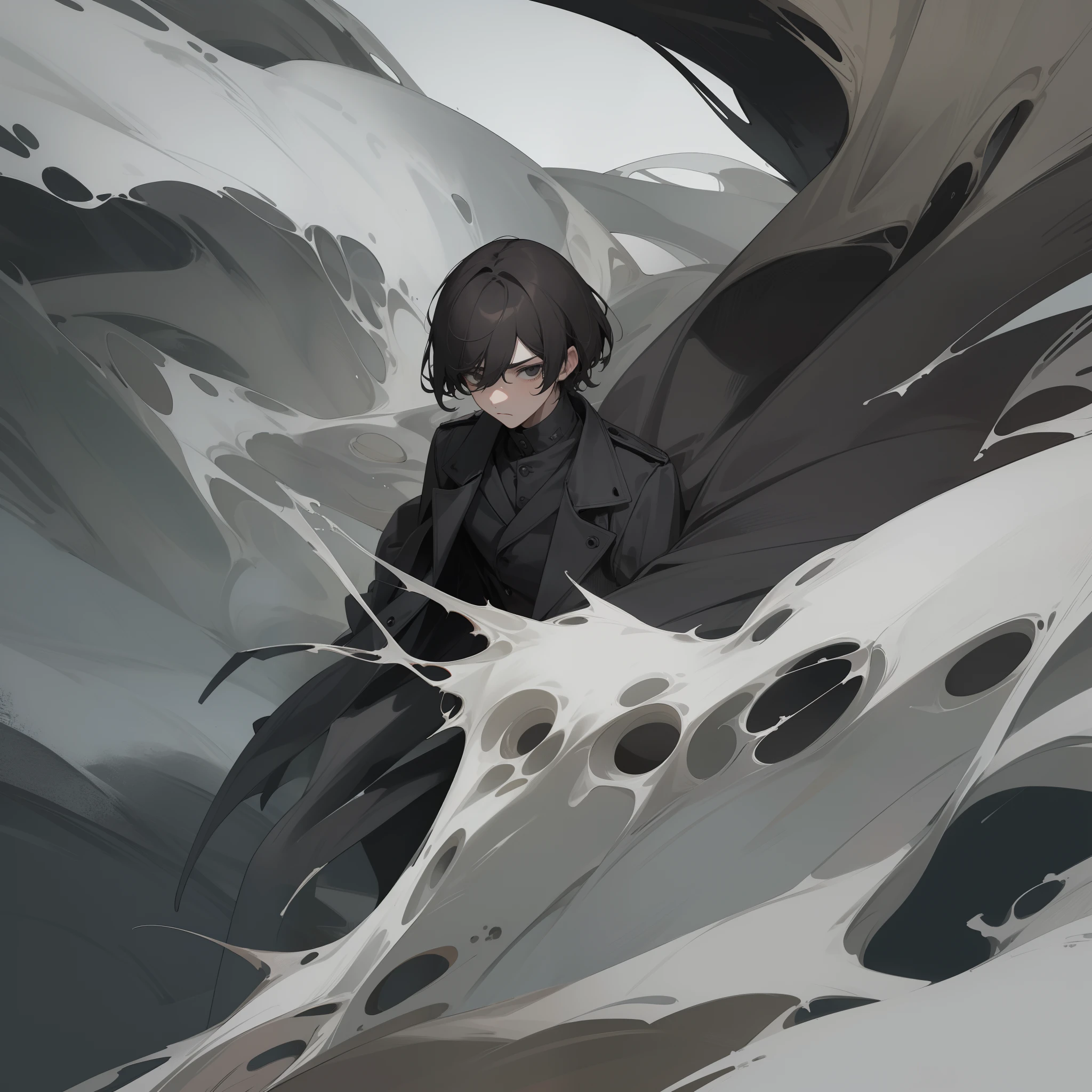 A boy with，Brunette with bangs，Death-like black eyes，Extremely gloomy temperament，Fair face，A cold expression，a black trench coat，It is surrounded by black fog