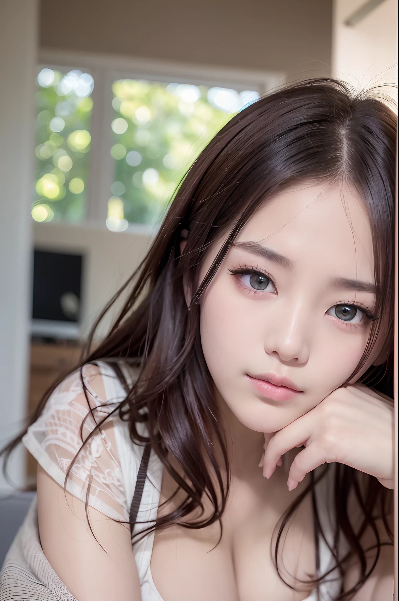 1girl,female high-school student,a beauty girl,(Large size that hides up to the thighsTwearing a shirts),(Super huge),large cleavage,(Farbe々Hairstyles:1.2),perfectbody, Beautiful face, acurate, Anatomically correct, Highly detailed face and skin texture, Detailed eyes, Double eyelids, Thin eyebrows, Glitter Eyeliner: 1 Natural cheeks, Glossy skin, Fair skin: 1.2, (Glossy lips: 1.4),Highly detailed facial and skin texture, Detailed eyes, Double eyelids, Natural cheeks, , shiny lips: 1.4,Smile and watch the viewer,Sitting on sofa with mug in living room,【Not blurry,profetional lighting,Professional effects、(masutepiece: 1.3), (max resolution: 1.2), (Ultra HDTV: 1.2),octanerender, Fujifilm X100, Intense cinematic shots, Shallow depth of field, Volumetric lighting, F/2.8, kintsugi,(8k、RAW Photography、masterpiece:1.4)、(realisitic、Photorealsitic:1.37)、Shot with CineStill 800T、(Extreme top quality:1.3)、((depth of fields:))、absurderes、(超A high resolution、Extreme Detail CG、hight resolution、realisitic、ultra-detailliert、a picture、A hyper-realistic、ultra-detailliert、Atmosphere like an adult movie、8k UHD、insanely detaileda、Trending at Adult Art Stations、Award-winning adult photography、extremely detailed photo、hight resolution:1.5)】No tags or text