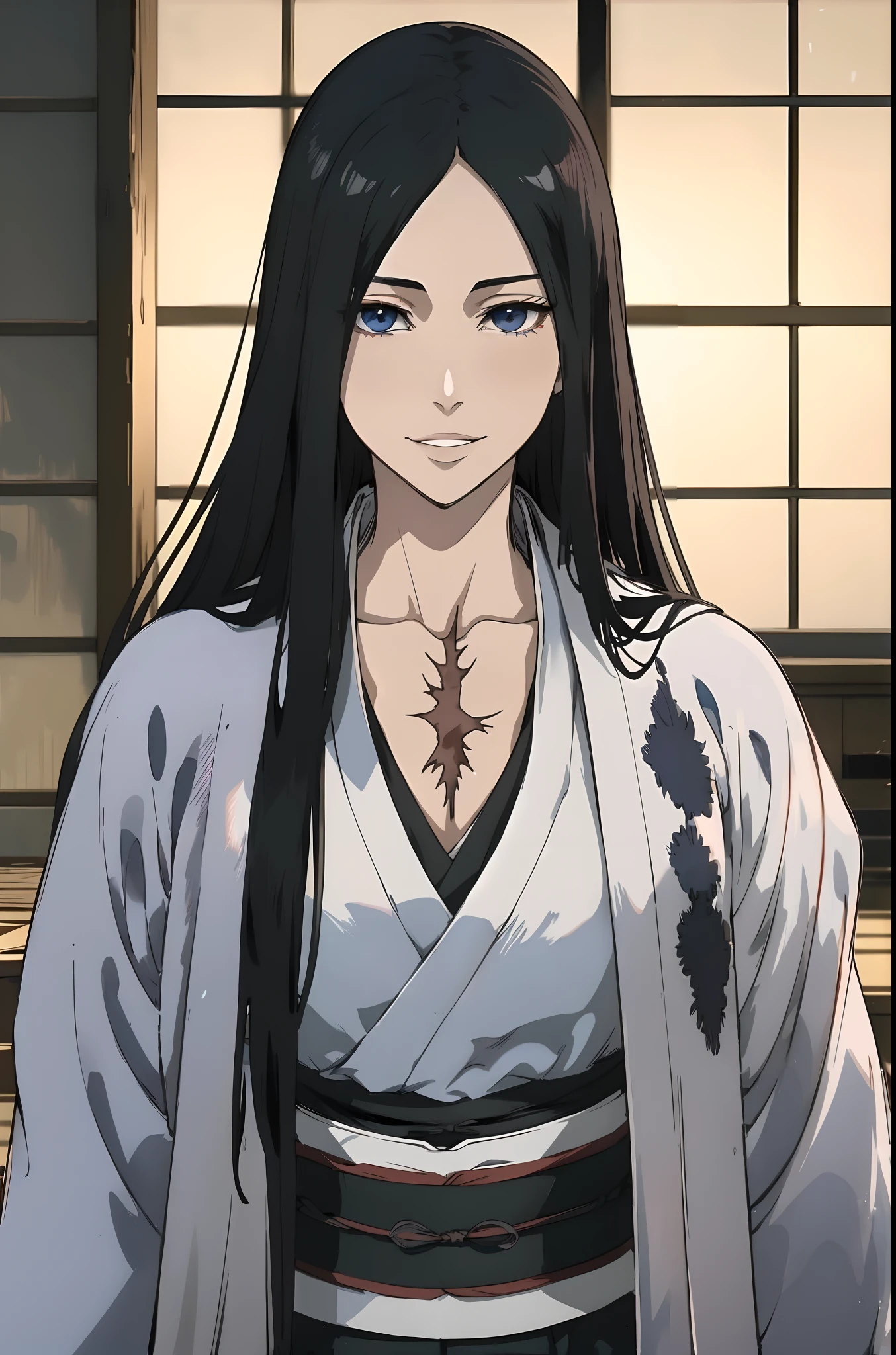 anime character with long black hair and blue eyes in a white kimono, hinata hyuga, the piercing stare of yuki onna, as an anime character, handsome guy in demon slayer art, anime character, female anime character, hinata hyuga from naruto, sui ishida with black hair, in the anime series ergo proxy, from naruto