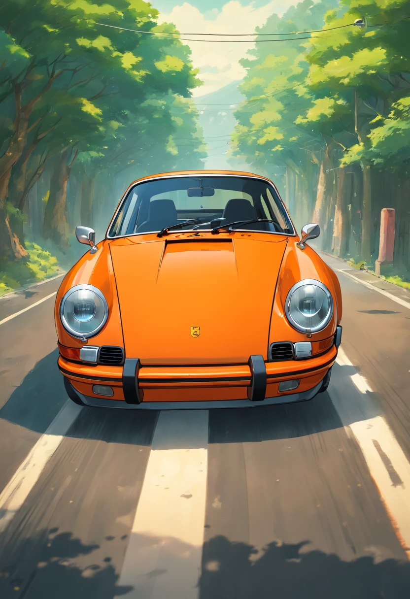 an orange Porsche 911 Carrera RS 2.7, V8 engine, on a race track, beautiful retro art, in digital illustration style, Stunning art style, Stylized digital illustration, Detailed digital illustration, Digital cartoon painting art, Art style retro art, detailed Vectorart, retro illustration, --ar 9:16