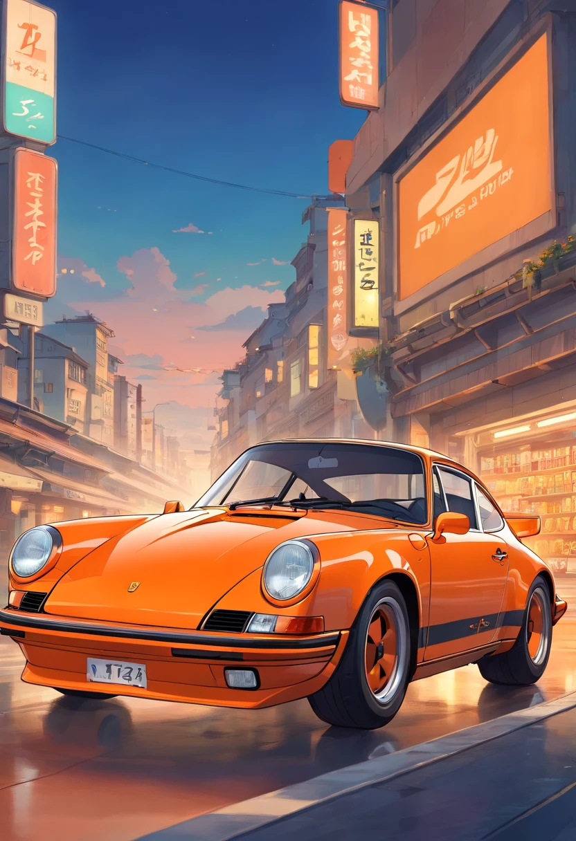 an orange Porsche 911 Carrera RS 2.7, V8 engine, on a race track, beautiful retro art, in digital illustration style, Stunning art style, Stylized digital illustration, Detailed digital illustration, Digital cartoon painting art, Art style retro art, detailed Vectorart, retro illustration, --ar 9:16