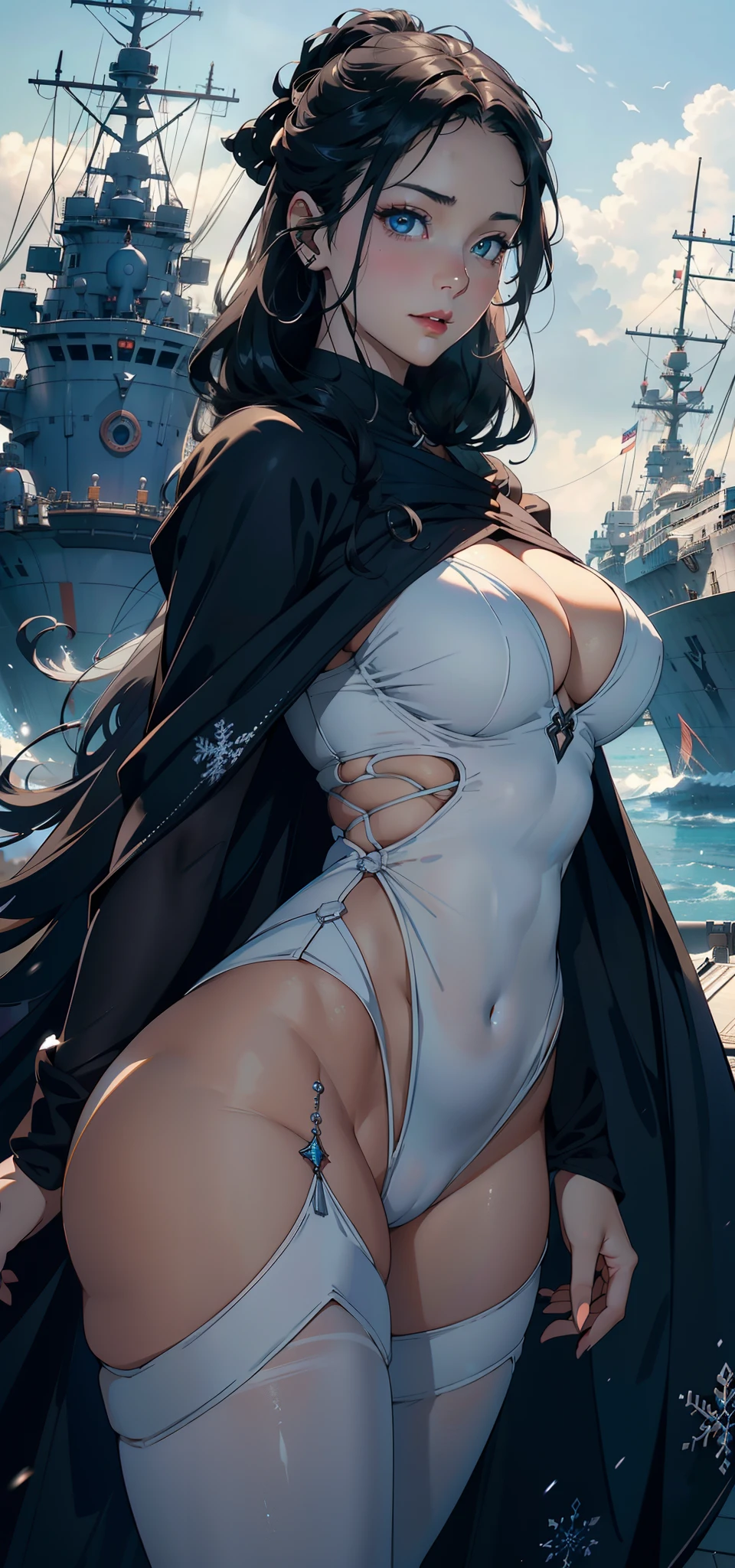 1female，35yo，plumw，extremely large bosom， 独奏，（Background with：Huge machinery，warships，the sea，battleships，Huge robots，nevando） She has long black hair，Long flowing hair，Standing at the bow of the ship，，seen from the front， hair straight， mostly cloudy sky，（（（tmasterpiece），（Very detailed CG unity 8K wallpaper），best qualtiy，cinmatic lighting，detailed back ground，beatiful detailed eyes，Bright pupils，Blue eyes，Snow-whiteskin，Redlip（Very fine and beautiful），（Beautiful and detailed eye description），ultra - detailed，tmasterpiece，））facing at camera，A high resolution，ultra - detailed），revealing breasts，Bare genitalia，  Bulge，legs are open，Raised sexy，Camel toes，Flushed complexion，Desire for dissatisfaction，frontage，Snowflake decoration，（Wearing：a black cloak，White loose shirt，black legging pants，）