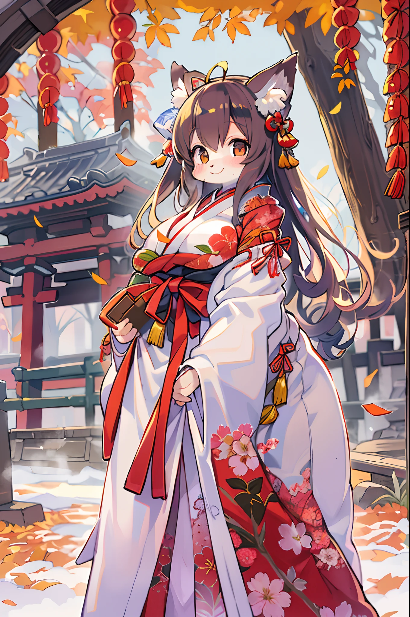 Fox Woman、body covered with fur、huge-breasted、kawaii、shrine maiden、Japan white clothes,Red Hakama、torii gate,autumn day、From below、Wide Shot、Very Wide Shot、A big smile、bbw、thick thight、big butts、Ultramammy、Under the maple tree