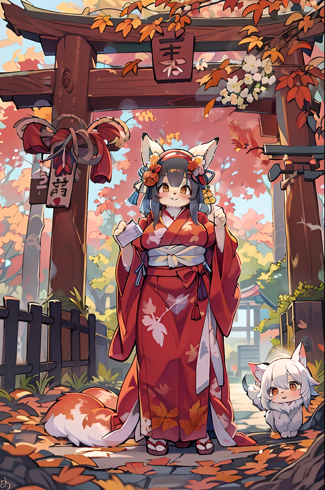 Fox Woman、body covered with fur、huge-breasted、kawaii、shrine maiden、Japan white clothes,Red Hakama、torii gate,autumn day、From below、Wide Shot、Very Wide Shot、A big smile、bbw、thick thight、big butts、Ultramammy、Under the maple tree