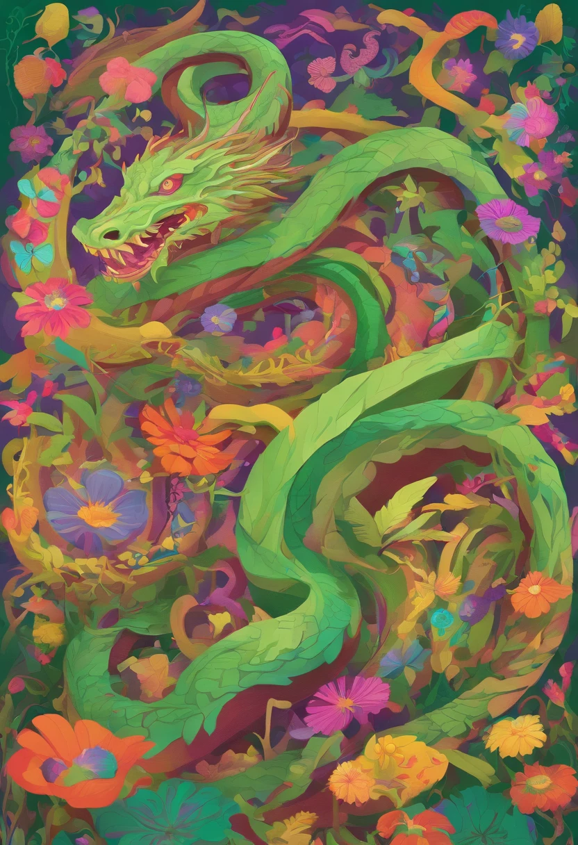 (A long snake dragon with natural elements on its body:1.3),(The back is covered with green grass and colorful wildflowers:1.3),(A purple spore mist surrounds the body:1.2),(There are segments of layered bone carapace that protect the soft tissues of the body:1.3),(//Miserable green skin,Off-white flesh and blood:1.3//),This is a huge monster,(Inspiration refers to the extreme vitality of vitality,Crazy growing vines and gigantic carnivorous plants),Occupy the center of the picture,BREAK!,Shady woods,Parasitic plants climbing on tree trunks,Darker tones,Hanging vines on branches,