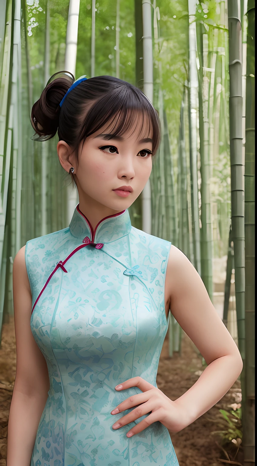 a pregirl,Wear a cheongsam,ponytail haircut,Standing in a bamboo forest,com rosto detalhado,The eyes are delicate,Perfect hands,The photo quality is the best,Realistic image quality,Background diffuse lighting,Depth of field display。