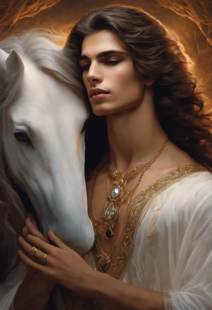 It's an elaborate and intricate fantasy portrait that depicts a robust and determined -year-old with aura, vampiro,, cabelo preto brilhante, Embracing a white woman, cabelos cinzas, luz dourada, Transparent tunic, Fine tunic, passionate embrace. passion, amor,