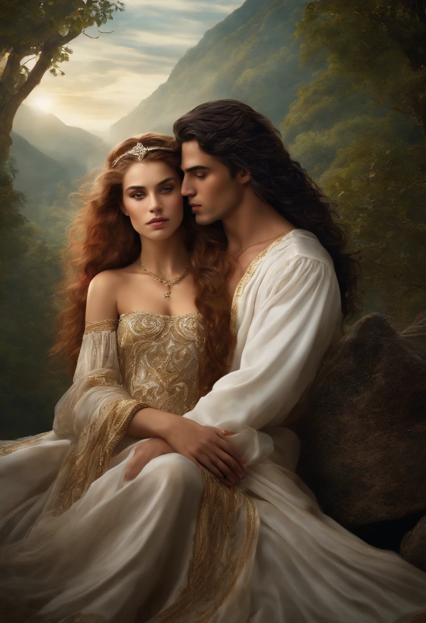 It's an elaborate and intricate fantasy portrait that depicts a robust and determined -year-old with aura, vampiro,, cabelo preto brilhante, Embracing a white woman, cabelos cinzas, luz dourada, Transparent tunic, Fine tunic, passionate embrace. passion, amor,