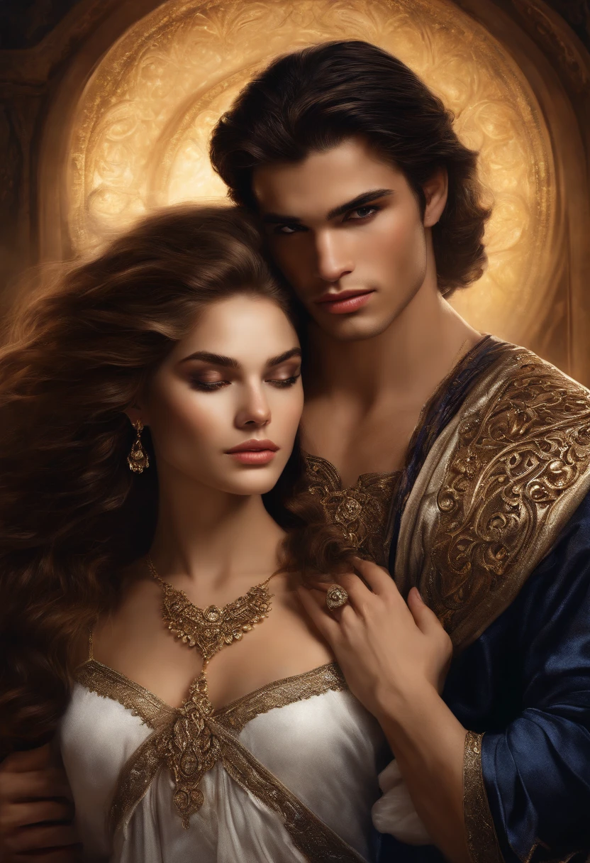 It's an elaborate and intricate fantasy portrait that depicts a robust and determined seventeen-year-old man with an aura, vampiro,, cabelo preto brilhante, Embracing a white woman, cabelos cinzas, luz dourada, Transparent tunic, Fine tunic, passionate embrace. passion, amor,