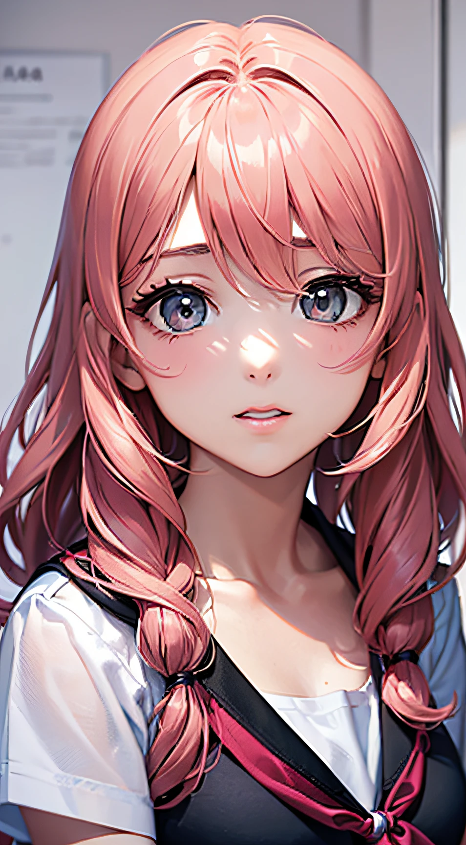 beautiful illustration、qualidade superior、Menina fofa s、escola、Um cabelo rosa、comprimento do cabelo、(((saia plissada rosa)))、(((uniforme escolar)))、mangas curtas、olhos azuis、Coxas encantadoras、coxa brilhante