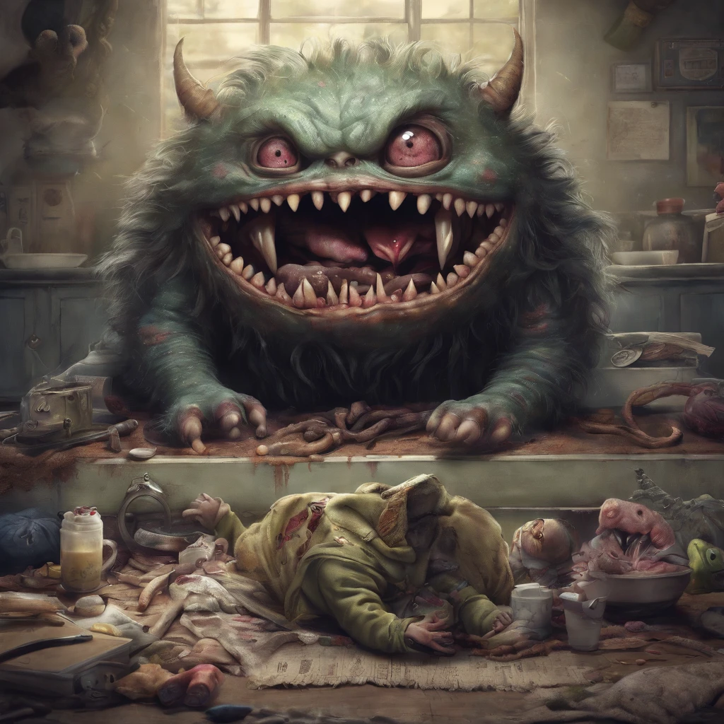 Photorealistic, Extreme details, A house on the grass, large teeth, gaping mouth, gaping maw, Smoke, Ghosts, Eerie atmosphere, <lora:mimics-sdxl-prod-e:0.8> , <lora:xl_more_art-full_v1:0.7>