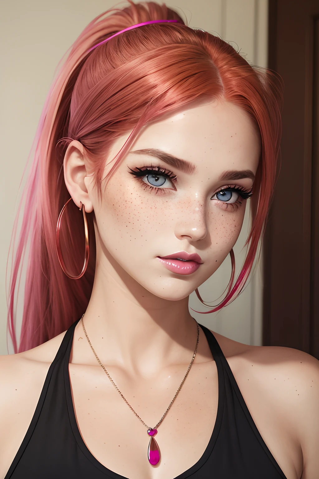 1 girl, realistic eyes, perfect face, freckles,blush, red hair, long ponytail, goddess, sexy, charming, seductive, erotic, makeup, mascara, pink eye shadow, pink lipstick, hoop earrings, necklace