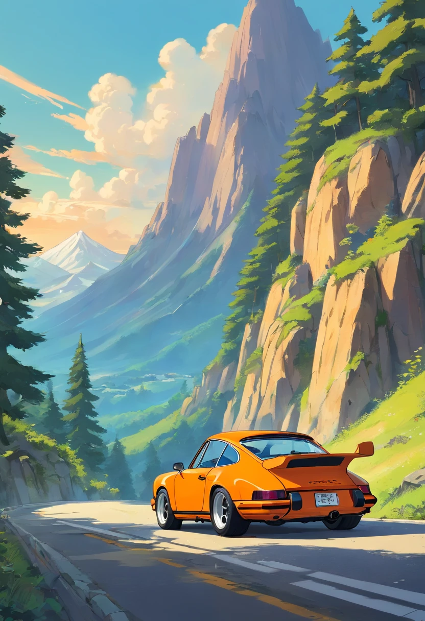 an orange Porsche 911 Carrera RS 2.7, V8 engine, Driving on the road near the mountains, in digital illustration style, Stunning art style, Stylized digital illustration, Detailed digital illustration, Digital cartoon painting art, Art style retro, detailed Vectorart, retro illustration, --ar 9:16