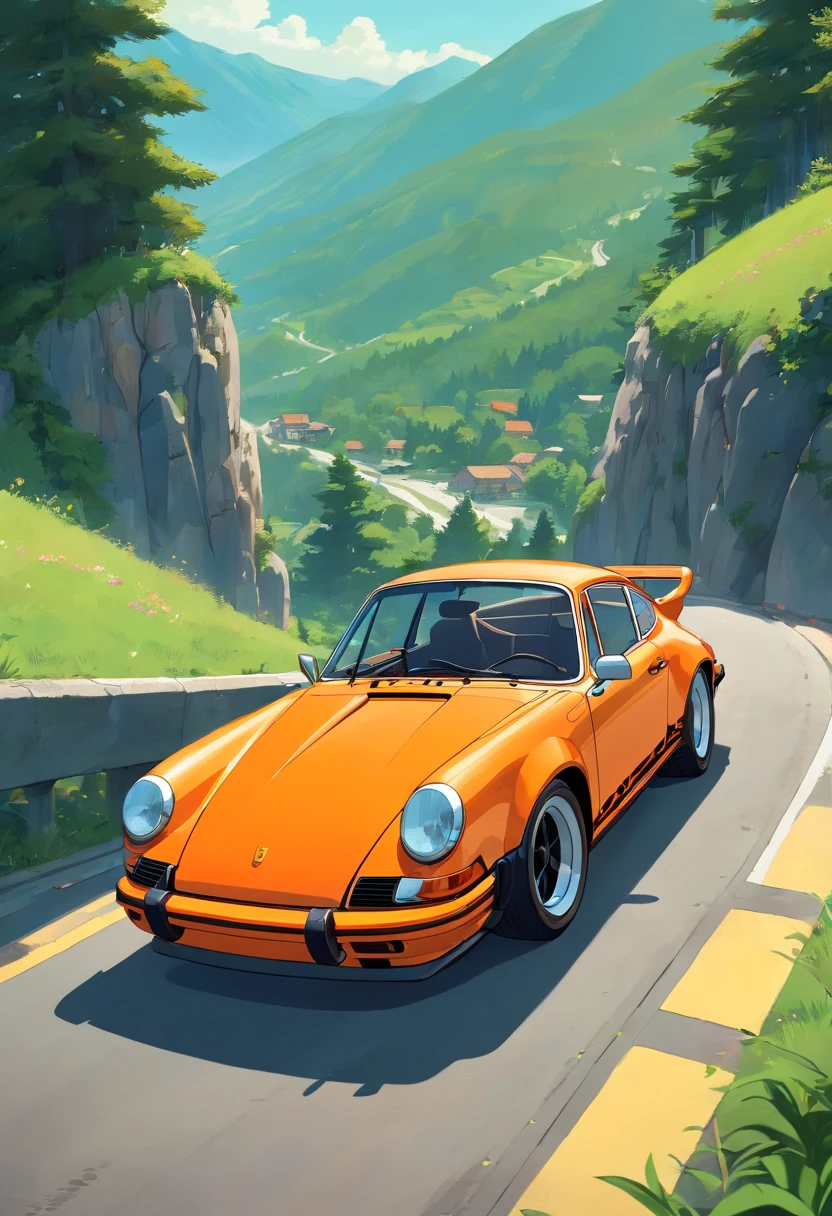 an orange Porsche 911 Carrera RS 2.7, V8 engine, Driving on the road near the mountains, in digital illustration style, Stunning art style, Stylized digital illustration, Detailed digital illustration, Digital cartoon painting art, Art style retro, detailed Vectorart, retro illustration, --ar 9:16