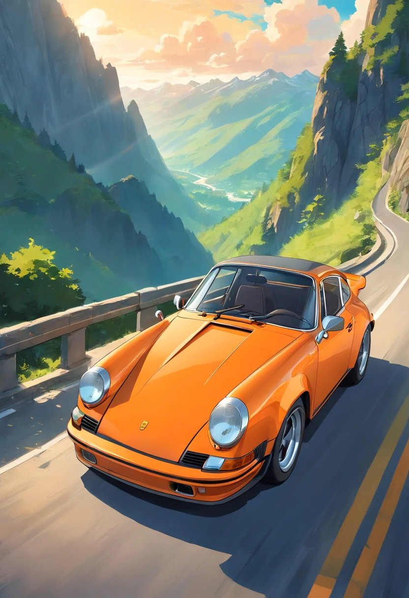 an orange Porsche 911 Carrera RS 2.7, V8 engine, Driving on the road near the mountains, in digital illustration style, Stunning art style, Stylized digital illustration, Detailed digital illustration, Digital cartoon painting art, Art style retro, detailed Vectorart, retro illustration, --ar 9:16