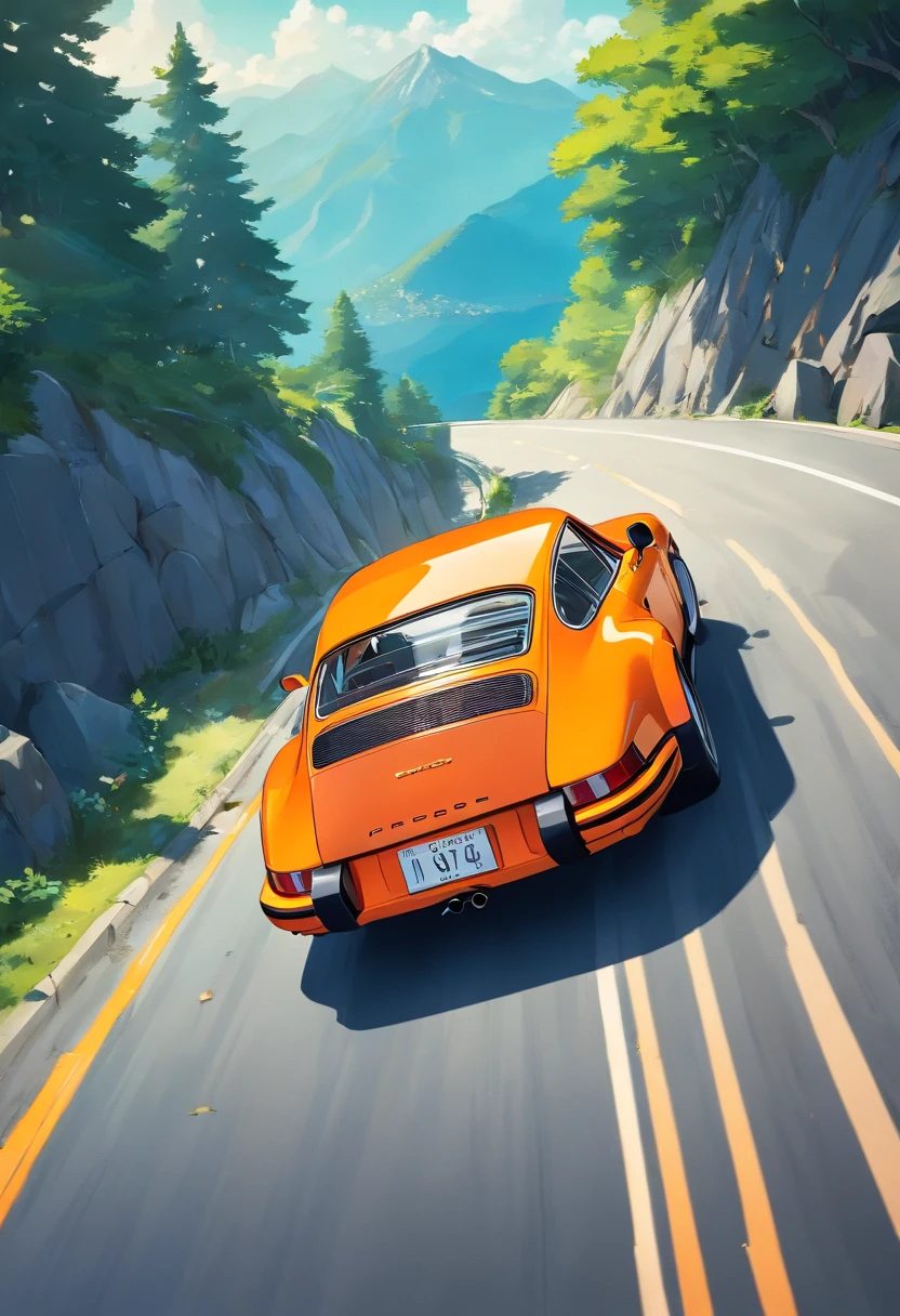 an orange Porsche 911 Carrera RS 2.7, V8 engine, Driving on the road near the mountains, in digital illustration style, Stunning art style, Stylized digital illustration, Detailed digital illustration, Digital cartoon painting art, Art style retro, detailed Vectorart, retro illustration, --ar 9:16