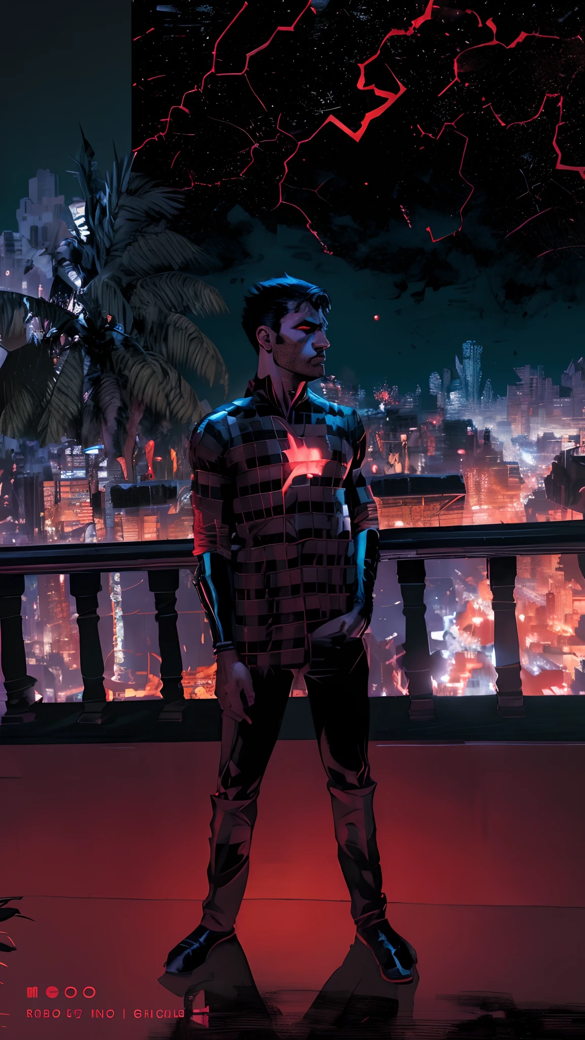 (high quality,4k,best resolution,ultra-detailed:1.2),batman looking down,gazing at the city,red light,intense shadows,brooding atmosphere,dark and mysterious,gloomy,superhero,vigilante,cape flowing in the wind,sharp facial features,serious expression,powerful physique,detailed suit and armor,glimmering eyes,shining bat symbol on the chest,cityscape backdrop,skyscrapers,urban landscape,streets illuminated by the red glow,nighttime setting,moody ambiance,cinematic composition,artistic interpretation,dynamic perspective,comic book style,pop art influences,vibrant colors,painted textures,oil painting aesthetic,cracked textures,blurred edges,contrast and depth,emphasize realism and grit,complex lighting,hard shadows,dramatic contrast,hint of danger,masterpiece quality.