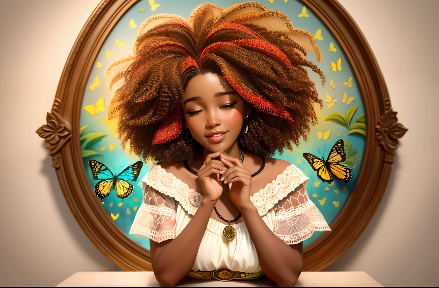 a cute african woman with short curly hairsurrounded by butterflies and birds. The medium is oil painting, capturing the vibrant colors and intricate details of the scene. The artwork should have the best quality, with a high resolution and realistic finish. The overall style of the painting should be a mix of portraits and landscape, showcasing the beauty of the woman and the natural surroundings. The color palette should consist of warm tones, creating a joyful and inviting atmosphere. The lighting should be soft and natural, highlighting the woman's features and casting gentle shadows on the garden. Additional details include the woman wearing a flowing summer dress and a delicate necklace, with a smile on her face