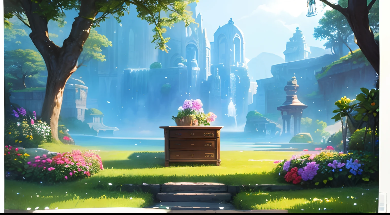 In the middle of the flower there is an open décor item - a chest. The background is extraordinarily beautiful ((Against the backdrop of a fantasy world )). beautiody, Unbelievable quality, illumination, rtx