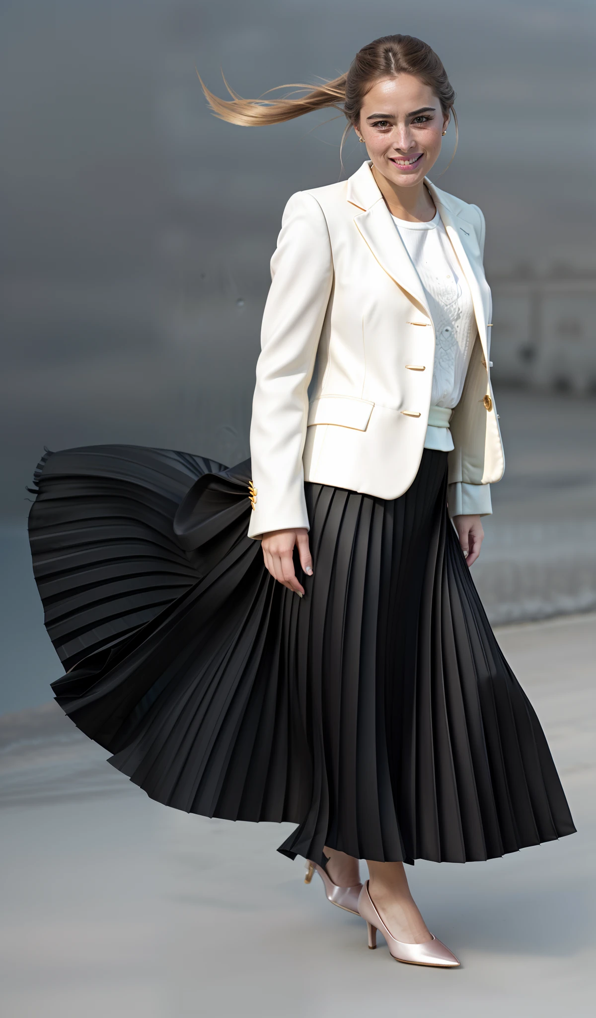 very (flirty:1,8) smiling good woman wearing short blazer and very very detailed (long (fully pleated) full circle skirt) and (simple) low heeled office shoes, very very intricate hyper-detailed symmetric (attractive graceful young feminine face) with (sad, tired eyes and a shy smile), large breasts, full of empathy and compassion and love, (pronounced (feminine) features), (highly detailed ultra accurate realistic) hands and fingers, (windy conditions and wind blowing), epic composition, highly detailed attributes, highly detailed atmosphere, (35mm f1.4 Kodak portra 400 photograph), extremely high quality RAW photograph,