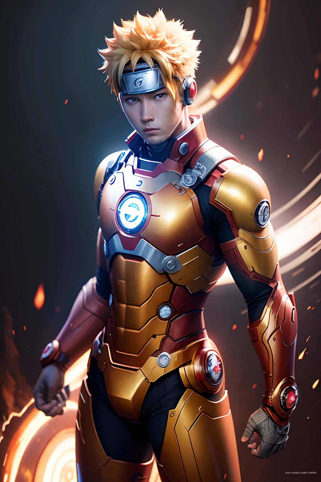 uzumaki naruto as ironman, full body, solo, male, realistic, detailed, perfect lighting, perfect shadow, perfect body, perfect picture, Super High Resolution, (Realism: 1.4), Original Photo, Best Quality, Masterpiece, Cinematic Experience