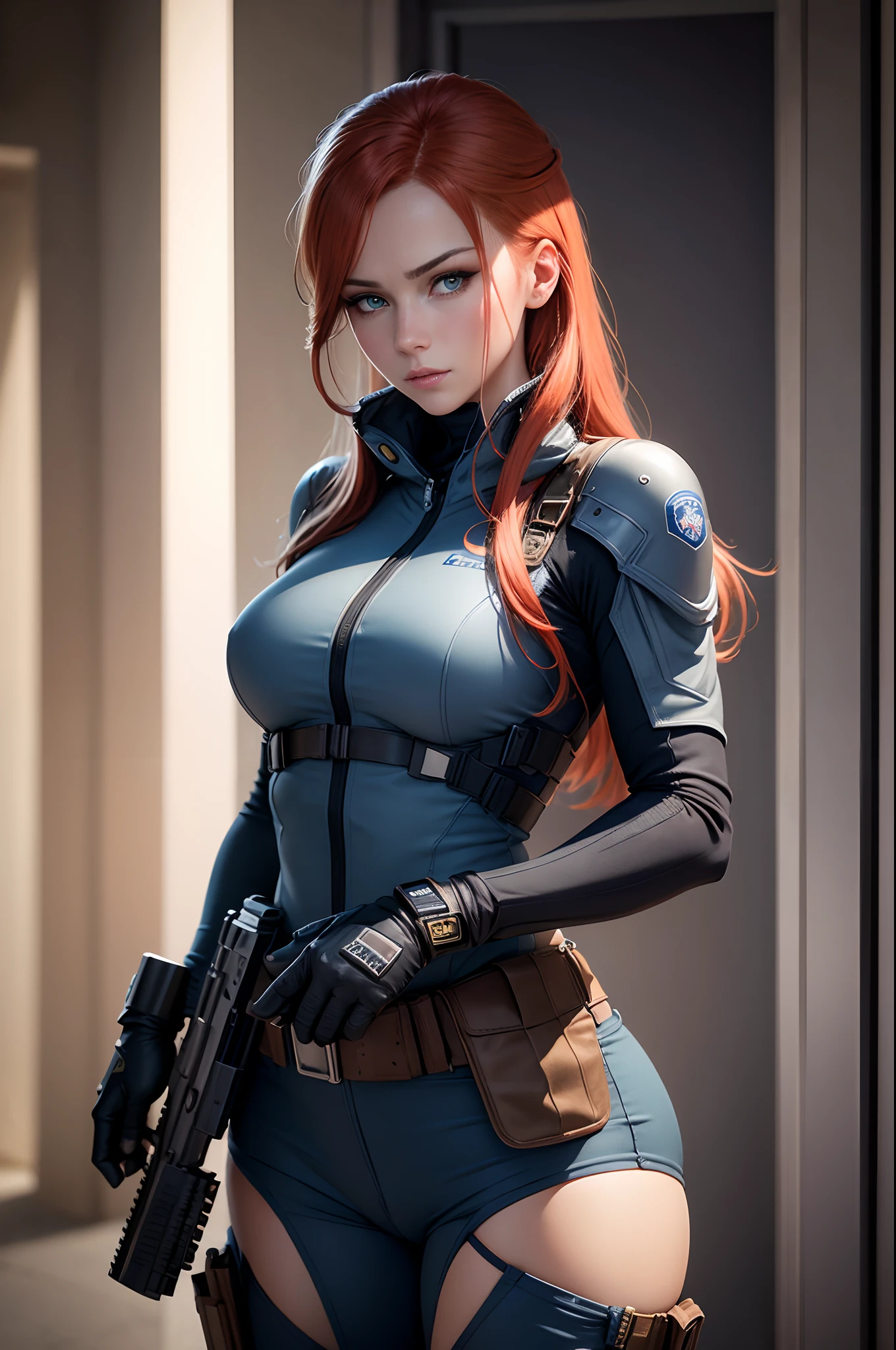 8K,Photorealsitic Raw photography top-quality;1.4) (One adult woman) Super beauty (Lifelike face) Woman Holding a Handgun Gray special forces costume Realistic shootout scenes Long redhead and blue eyes glaring at her assassin enticing Beautiful expression 超A high resolution A hyper-realistic real looking skin Precise details of the Beretta M9 Workers Jumpy