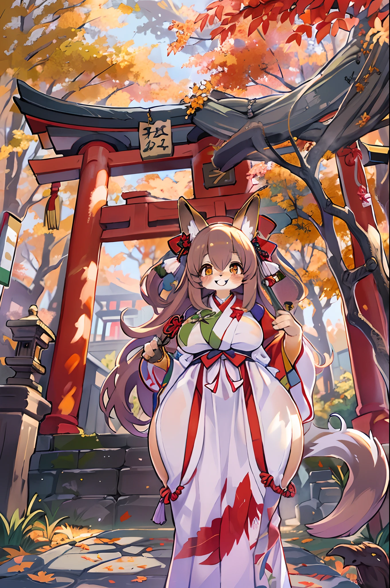 Fox Woman、body covered with fur、huge-breasted、kawaii、shrine maiden、Japan white clothes,Red Hakama、torii gate,autumn day、From below、Wide Shot、Very Wide Shot、A big smile、bbw、thick thight、big butts、Ultramammy、Under the maple tree