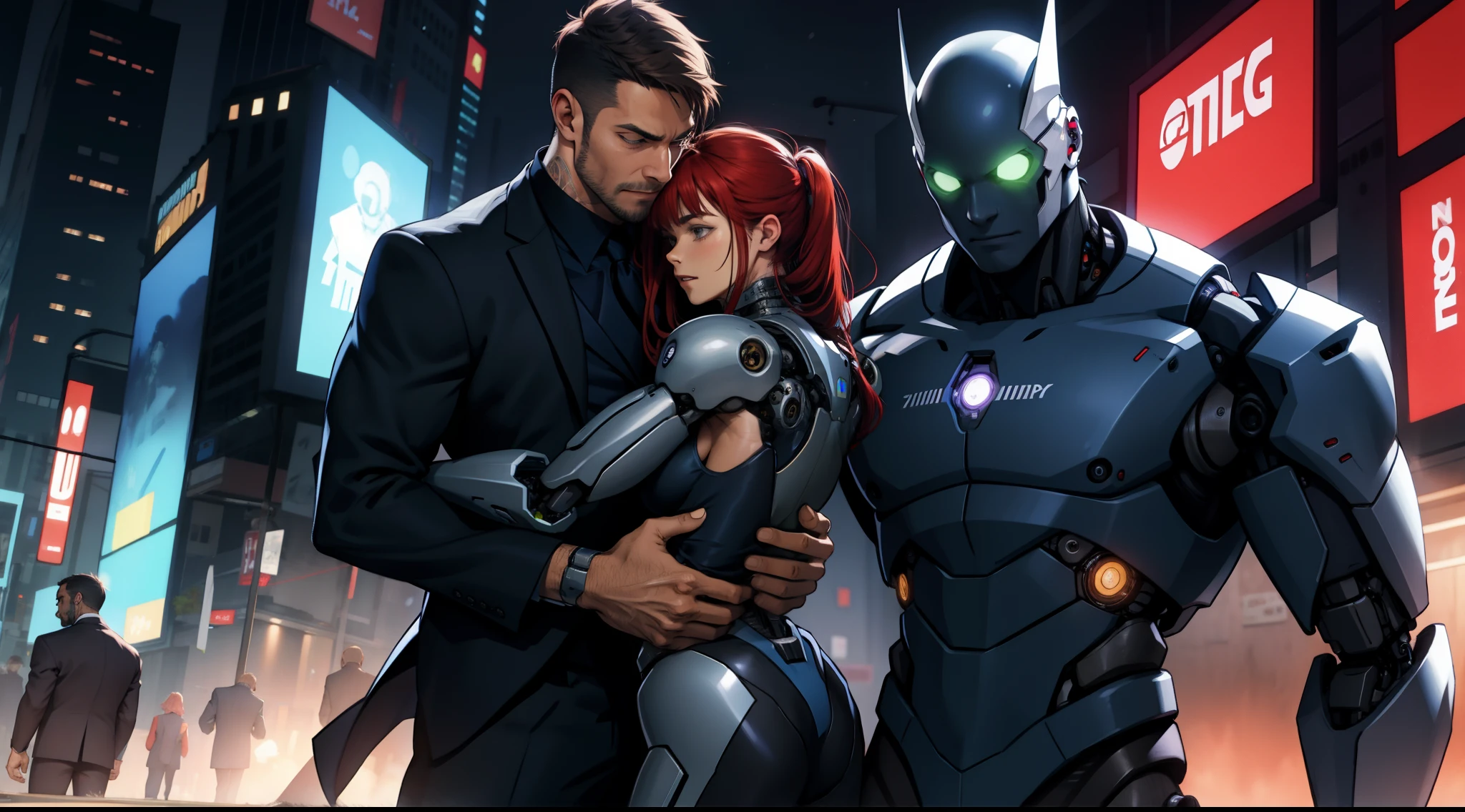 (a man (suit)) hugs (a cyborg woman)