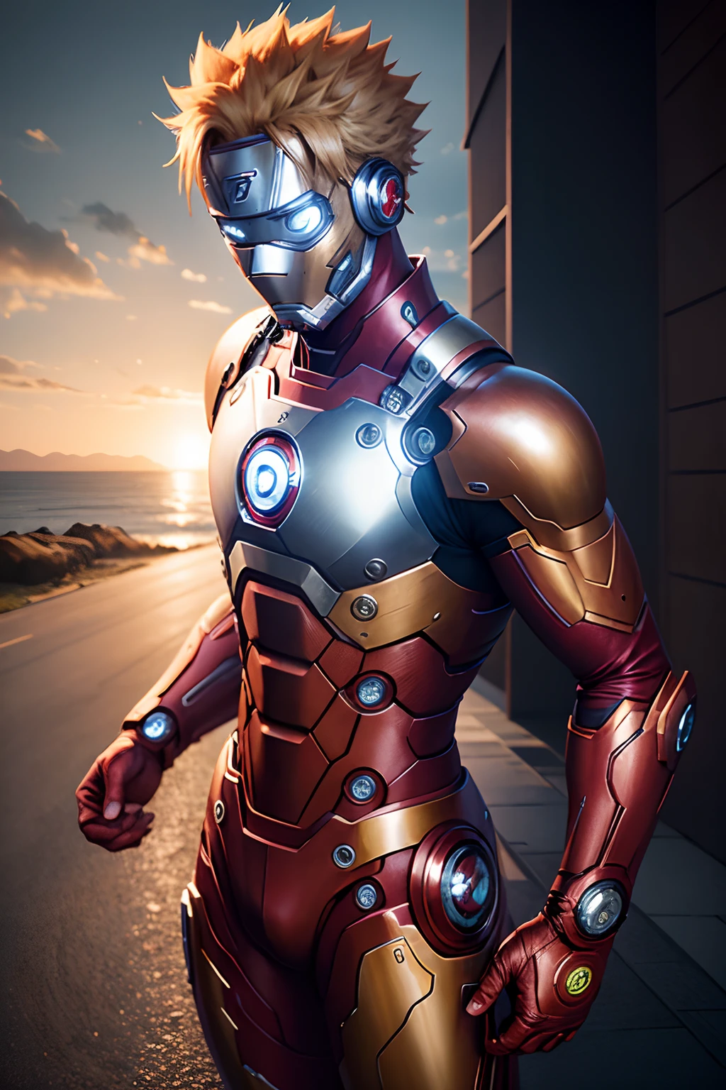 uzumaki naruto as ironman, full body, solo, male, realistic, detailed, perfect lighting, perfect shadow, perfect body, perfect picture, Super High Resolution, (Realism: 1.4), Original Photo, Best Quality, Masterpiece, Cinematic Experience