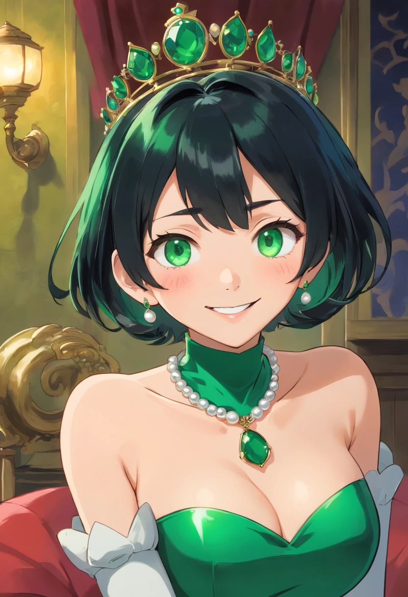 emerald tiara, Green Pearl Necklace, Boyish very short black hair, lipsticks, Japan woman smiling, Long green gloves made of satin material, very short short hair, Guts Pose, Green eyes, big breasts beautiful, Right thumbs up, Green Pearl Necklace