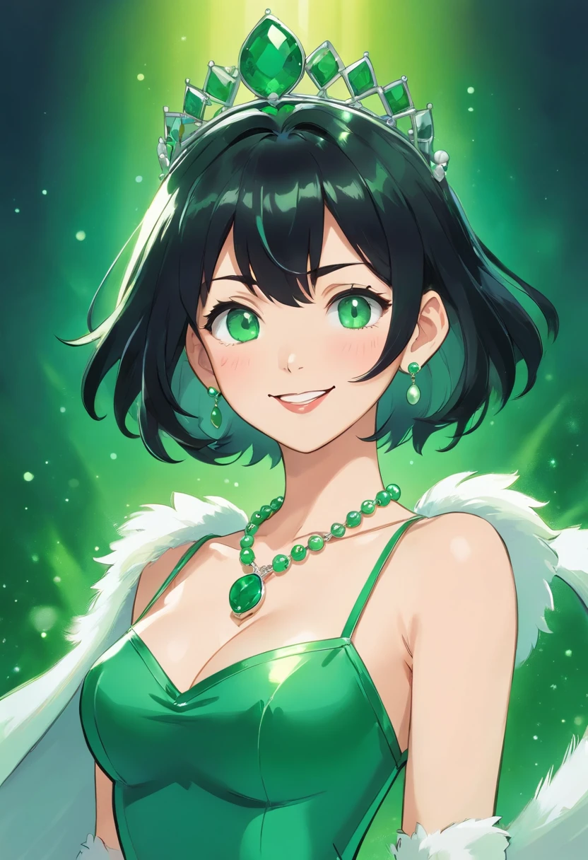 emerald tiara, Green Pearl Necklace, Boyish very short black hair, lipsticks, Japan woman smiling, Long green gloves made of satin material, very short short hair, Guts Pose, Green eyes, big breasts beautiful, Right thumbs up, Green Pearl Necklace