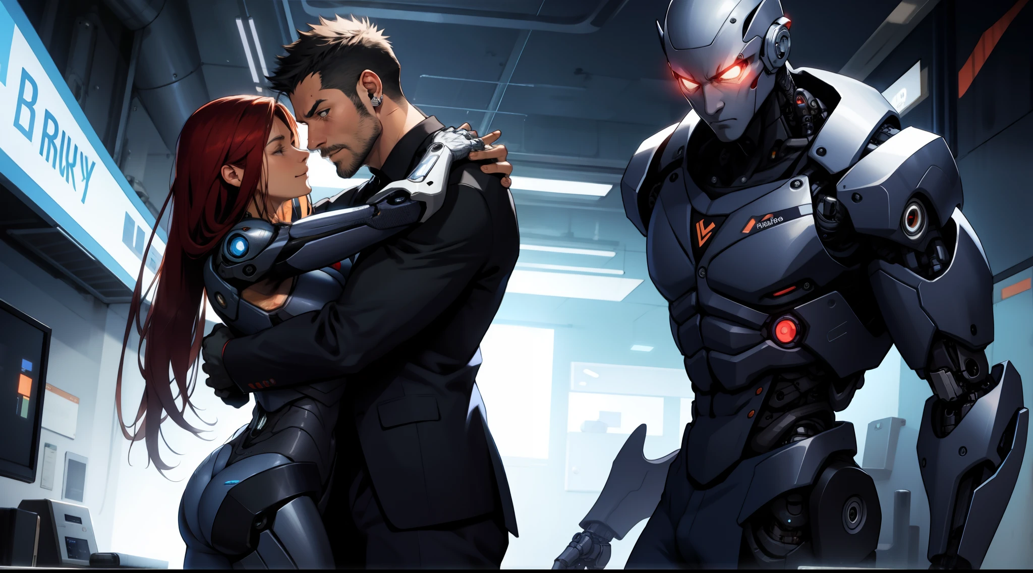 (a man (suit)) hugs (a cyborg woman)