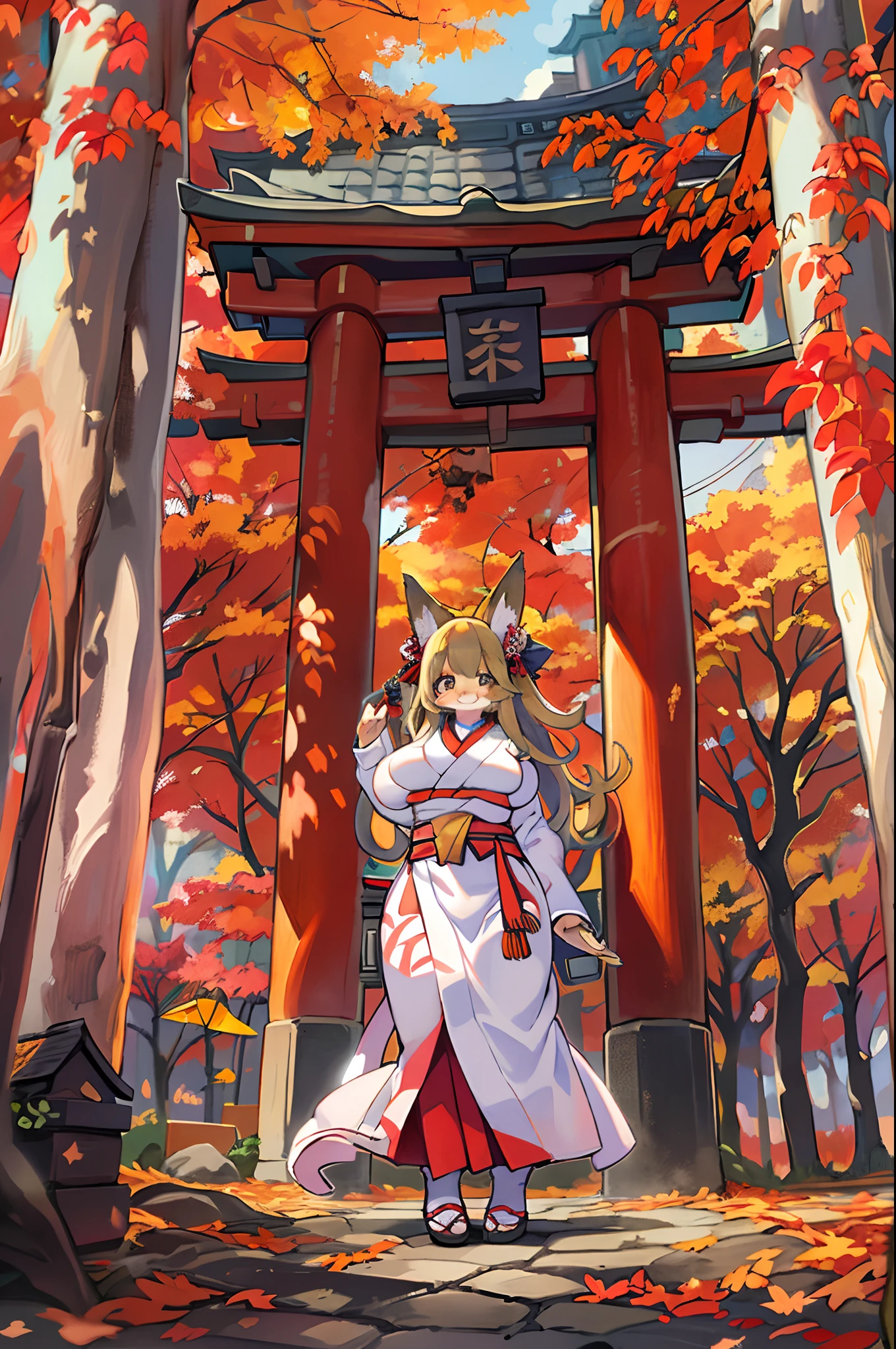 Fox Woman、body covered with fur、huge-breasted、kawaii、shrine maiden、Japan white clothes,Red Hakama、torii gate,autumn day、From below、Wide Shot、Very Wide Shot、A big smile、bbw、thick thight、big butts、Ultramammy、Under the maple tree