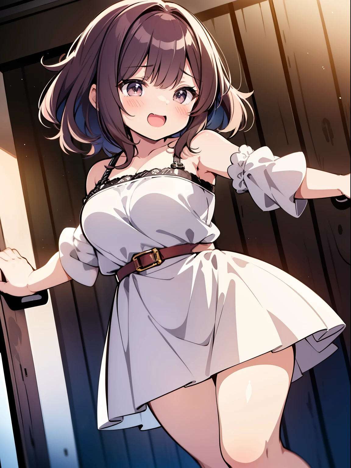 Little short chubby 5 year old girl, Lesbian; with lush brown hair, abnormally huge giant appetizing rounded natural breasts; Always without underwear; wearing a summer dress(No panties); Big shiny brown eyes, Funny surprised look, long eyelashes; Wide carefree cheerful smile; Active behavior; Full-length photograph from a short distance; Anatomical realism, high quality textures, higly detailed