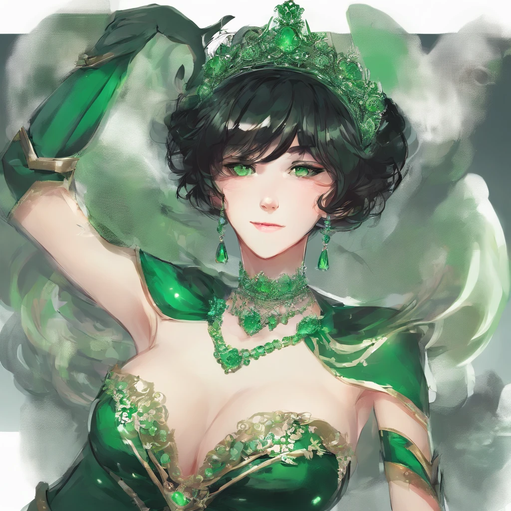 emerald tiara, Green Pearl Necklace, Boyish very short black hair, lipsticks, Japan woman smiling, Long green gloves made of satin material, very short short hair, Guts Pose, Green eyes, big breasts beautiful, Right thumbs up, Green Pearl Necklace