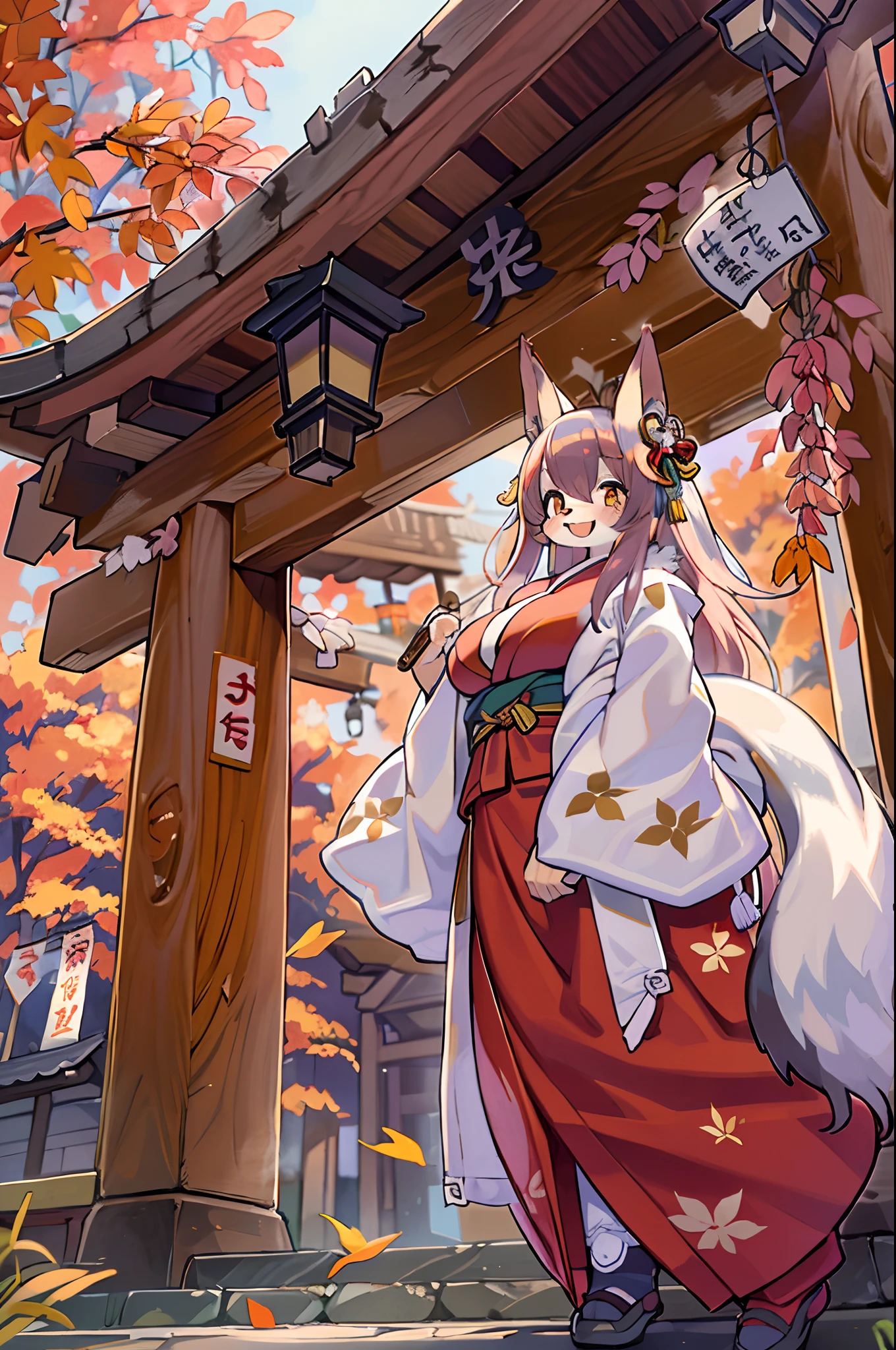 Fox Woman、body covered with fur、huge-breasted、kawaii、shrine maiden、Japan white clothes,Red Hakama、torii gate,autumn day、From below、Wide Shot、Very Wide Shot、A big smile、bbw、thick thight、big butts、Ultramammy、Under the maple tree