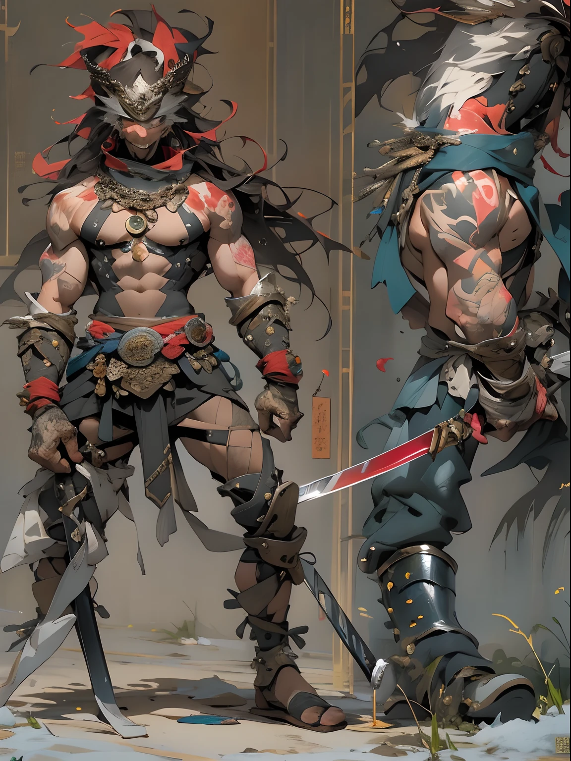 (((mtu))), (((best qualityer))), (((tmasterpiece))), (((AS-Adult))), ((( Japanese ))), Look up from your knees, Handsome Asian samurai，perfect body figure, Modern samurai, ((( Asian))), Wear gloves on your hands，The left arm is made of steel and metal tips，Made of protective devices, The eyes are pulled, (( Appears below the chest )), (( Small dental floss )), Simon Bisley, Almost naked（Simon Bisley）Castle City Wilderness，For high-resolution posters, hair straight, Minimum clothing, armure (Crazy clothes ), Full of tips and rivets, tribal tattoos, (((full bodyesbian))), Straight brunette hair，Colored hair ends