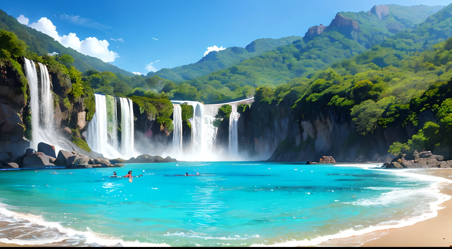 floreta tropical com vista para cachoeira ao horizonte com montahas