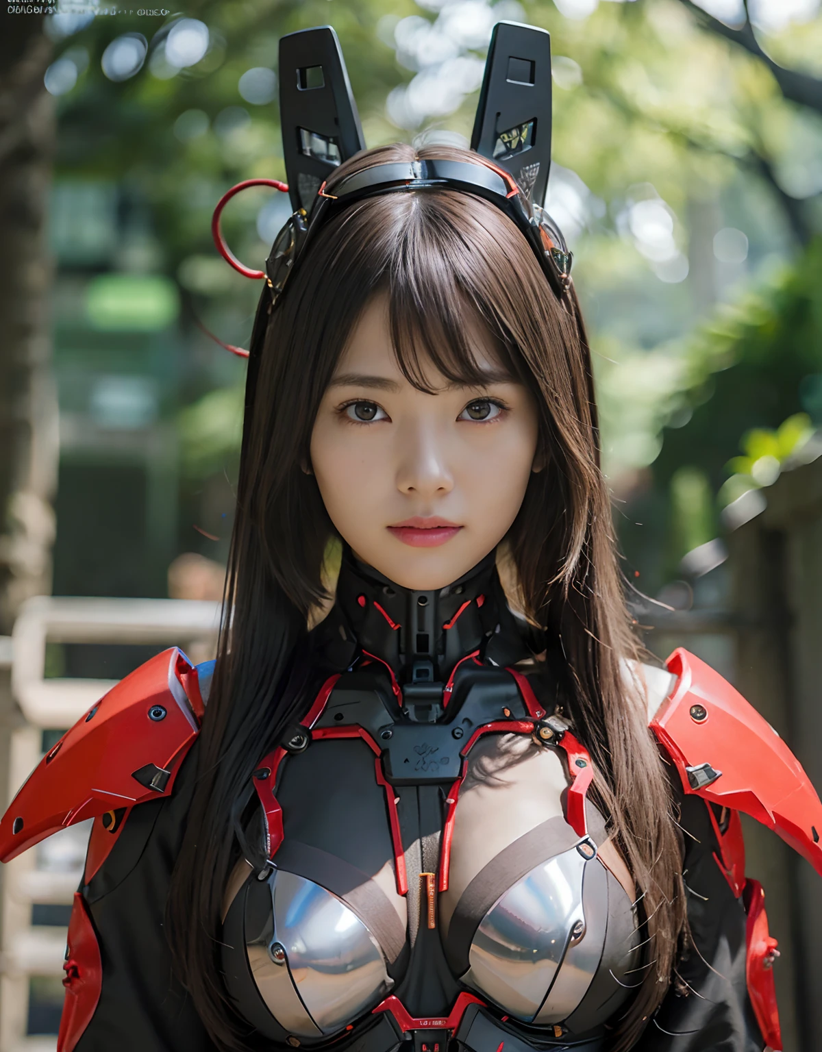 (1 Mechanical Girl)、top-quality、masterpiece、超A high resolution、(Photorealsitic:1.4)、Raw photo、女の子1人、Golden hair、glowy skin、(((1 Mechanical Girl)))、(LED Lamp Mechanical Helmet)、(beautiful forest background)、Precipitous cliffs、(Small LED)、((super realistic details))、portlate、globalillumination、Shadow、octan render、8K、ultrasharp、Colossal tits、Raw skin is exposed in cleavage、metals、Details of complex ornaments、Japan details、highly intricate detail、Realistic light、CGSoation Trends、Red Eyes、radiant eyes、Facing the camera、neon details、(Mechanical limbs)、(blood vessels connected to tubes)、Mechanical vertebrae attached to the back、mechanical cervical attaching to neck、(Wires and cables connecting to the head)、Gundam、Small LED、,Mechanical thighs、Toostock、