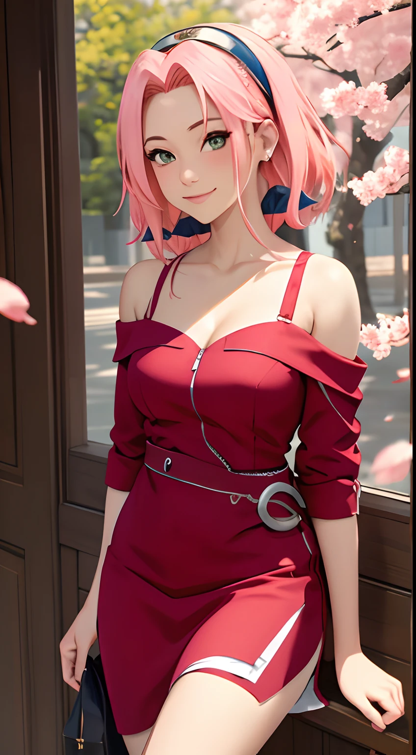 masterpiece, Best quality at best, 1girll,(open waist:1.5) ,Sakura Haruno, Large breasts,Off-the-shoulder attire,(cleavage),(upperbody closeup),Raised sexy,is shy,smile,with pink hair, long pink hair, (Green eyeballs:1.4), Forehead protection, the cherry trees,Cherry blossoms flying,,dress, Red dress, highleg, dress, Zipper half, tight black bikeshorts underneath dress