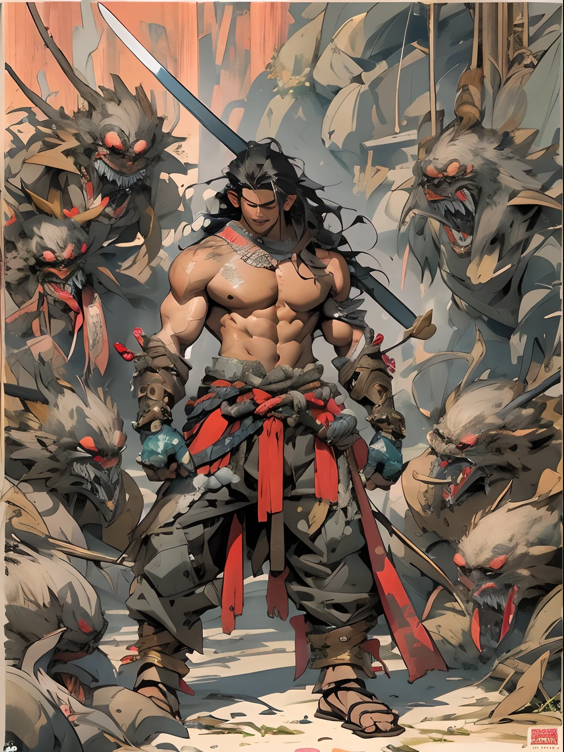 (((mtu))), (((best qualityer))), (((tmasterpiece))), (((AS-Adult))), ((( Japanese ))), Look up from your knees, Handsome Asian samurai,perfect body figure, Modern samurai, ((( Asian))), Wear gloves on your hands,The left arm is made of steel and metal tips,Made of protective devices, The eyes are pulled, (( Appears below the chest )), (( Small dental floss )), Simon Bisley, Almost naked(Simon Bisley)Castle City Wilderness,For high-resolution posters, hair straight, Minimum clothing, armure (Crazy clothes ), Full of tips and rivets, tribal tattoos, (((full bodyesbian))), Straight brunette hair,Colored hair ends