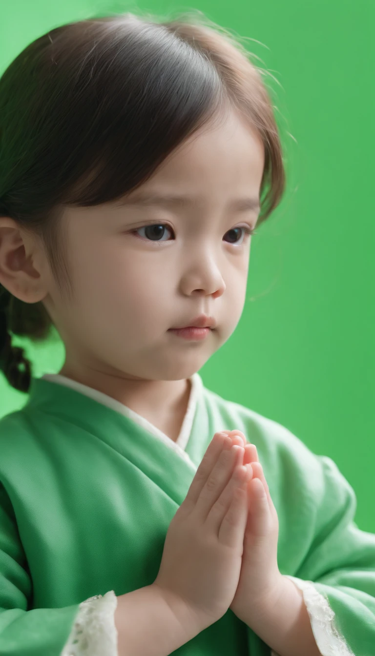 Child, praying, flat green screen, in the style of kawaii aesthetic, helios 44-2 58mm f/2, asian-inspired, vibrant, (medium close-up)